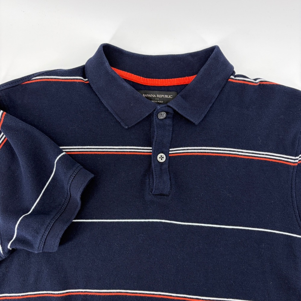 Banana Republic Mens M Dress Polo Shirt Navy Blue Striped Short Sleeve